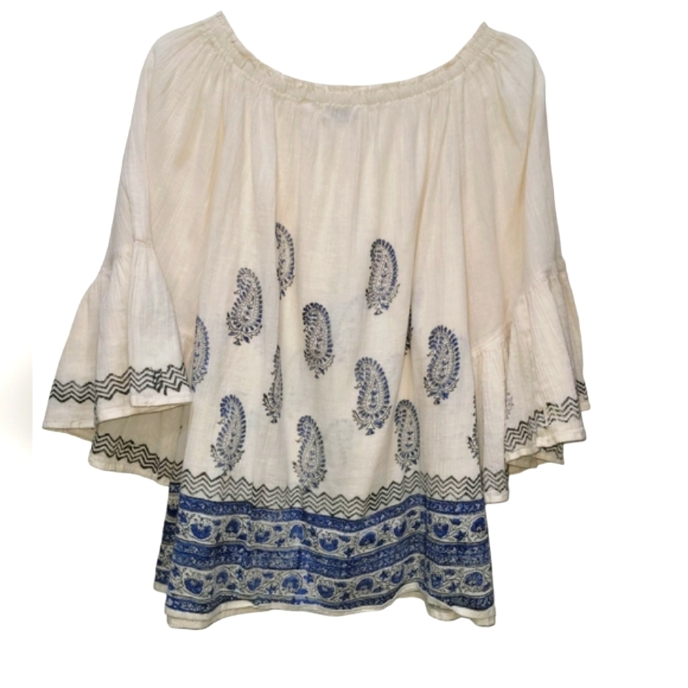 XL 100% Cotton Boho Chic Off-Shoulder Paisley Bell Sleeve Blouse